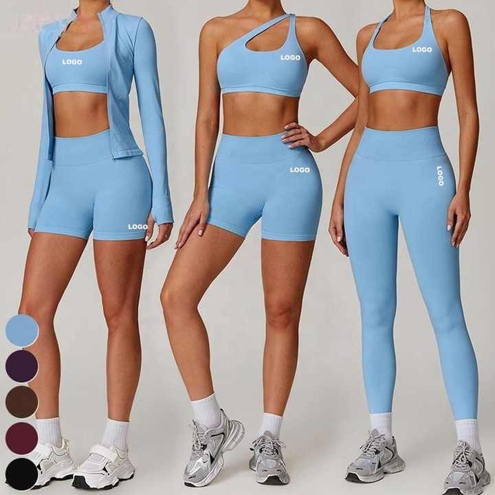 OEM Women Seamless Sports Bra Active Wear Zipped Long Sleeves Jacket Biker Shorts Fitness Yoga Leggings Clothing Gym Fitness Set