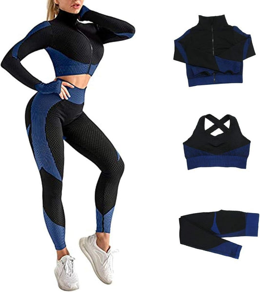Veriliss 3 Piece Seamless Yoga Set for Women | Workout Outfits with Sports Bra, Crop Top, and Leggings | Gym, Running, Sports Wear