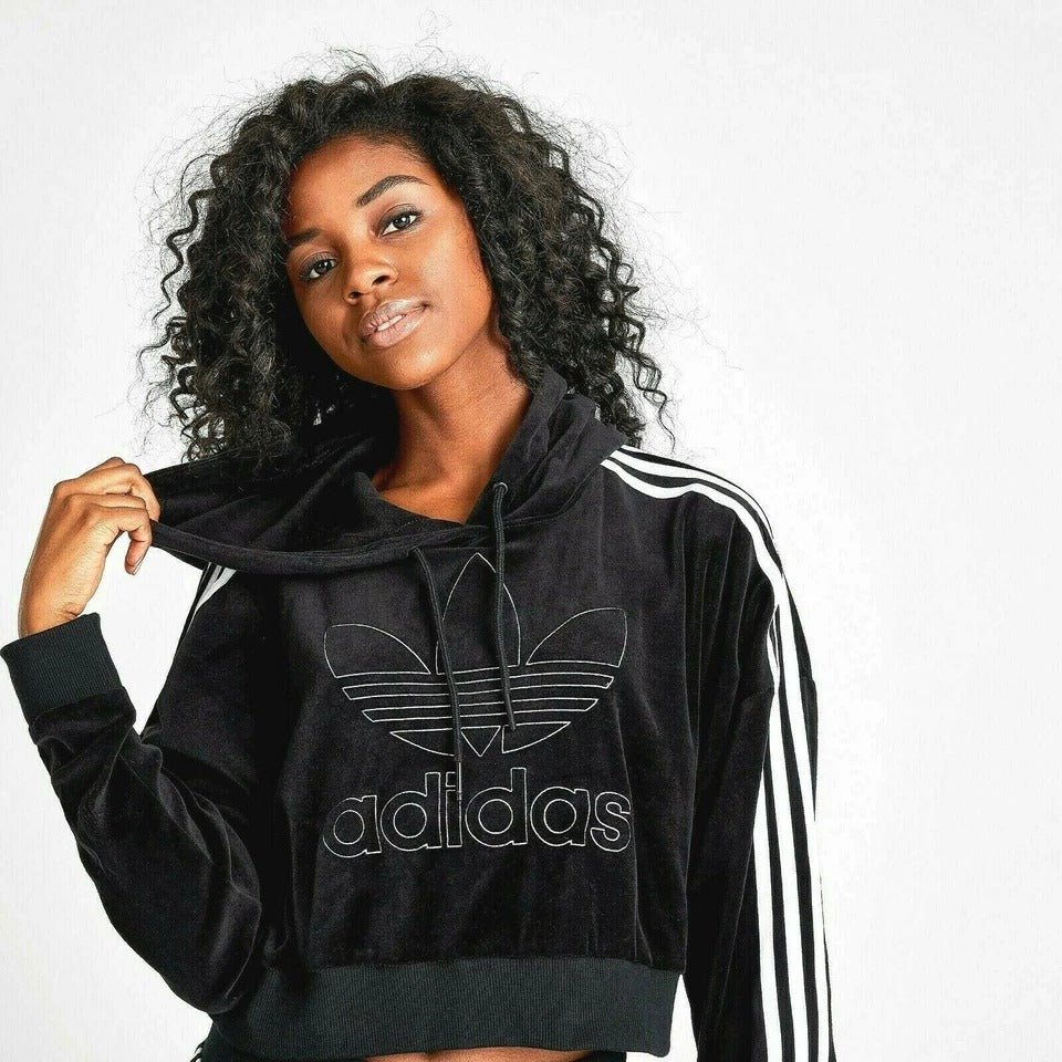 NEW ADIDAS ORIGINALS WOMEN'S VELVET CROPPED HOODIE BLACK SMALL LAST1
